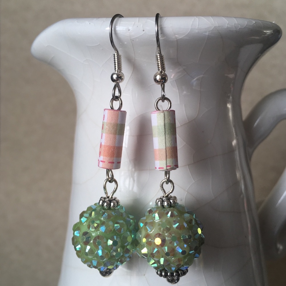 Pink Green Earrings Rhinestone Gingham Spring Love